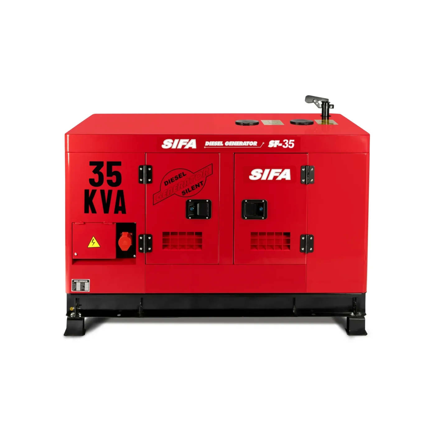 Red industrial diesel generator with 'SIFA' branding and 'SF-35' label, shown from front-right side with control panels and vents visible.