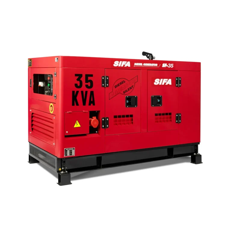 Red diesel generator set with '35 KVA' label and SIFA branding, mounted on a black base, viewed from the side.