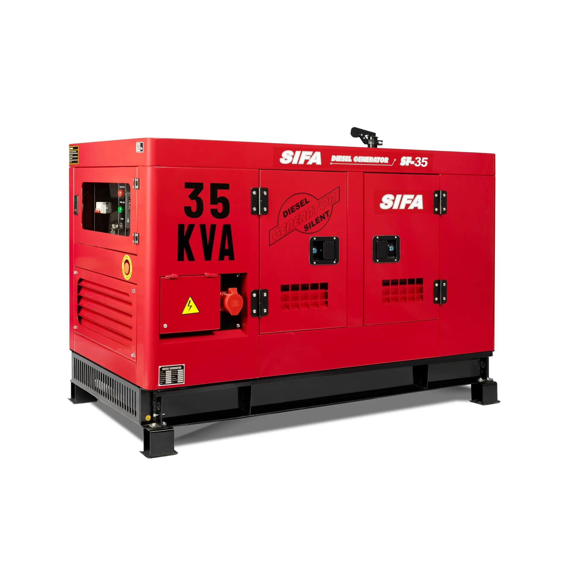 Red diesel generator set with '35 KVA' label and SIFA branding, mounted on a black base, viewed from the side.