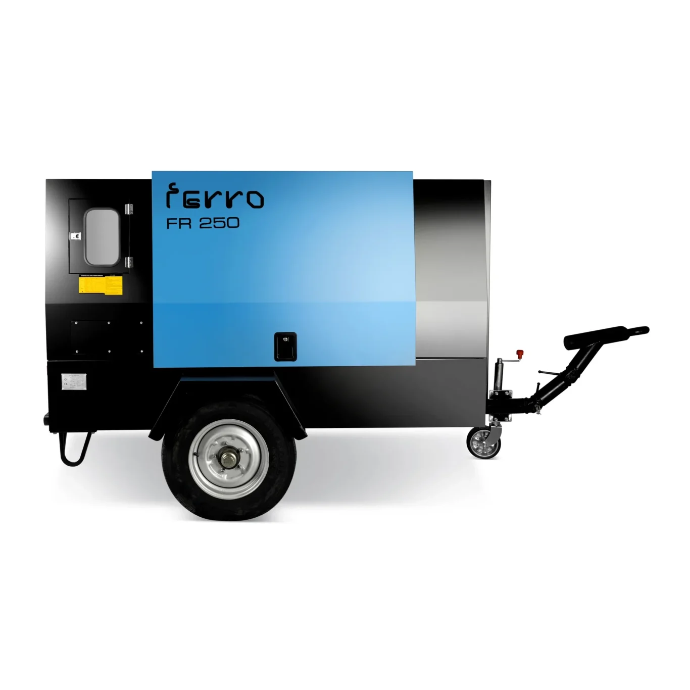 Side view of an industrial machine with a blue front panel labeled 'FR 250' on a black base, with a large wheel visible underneath.