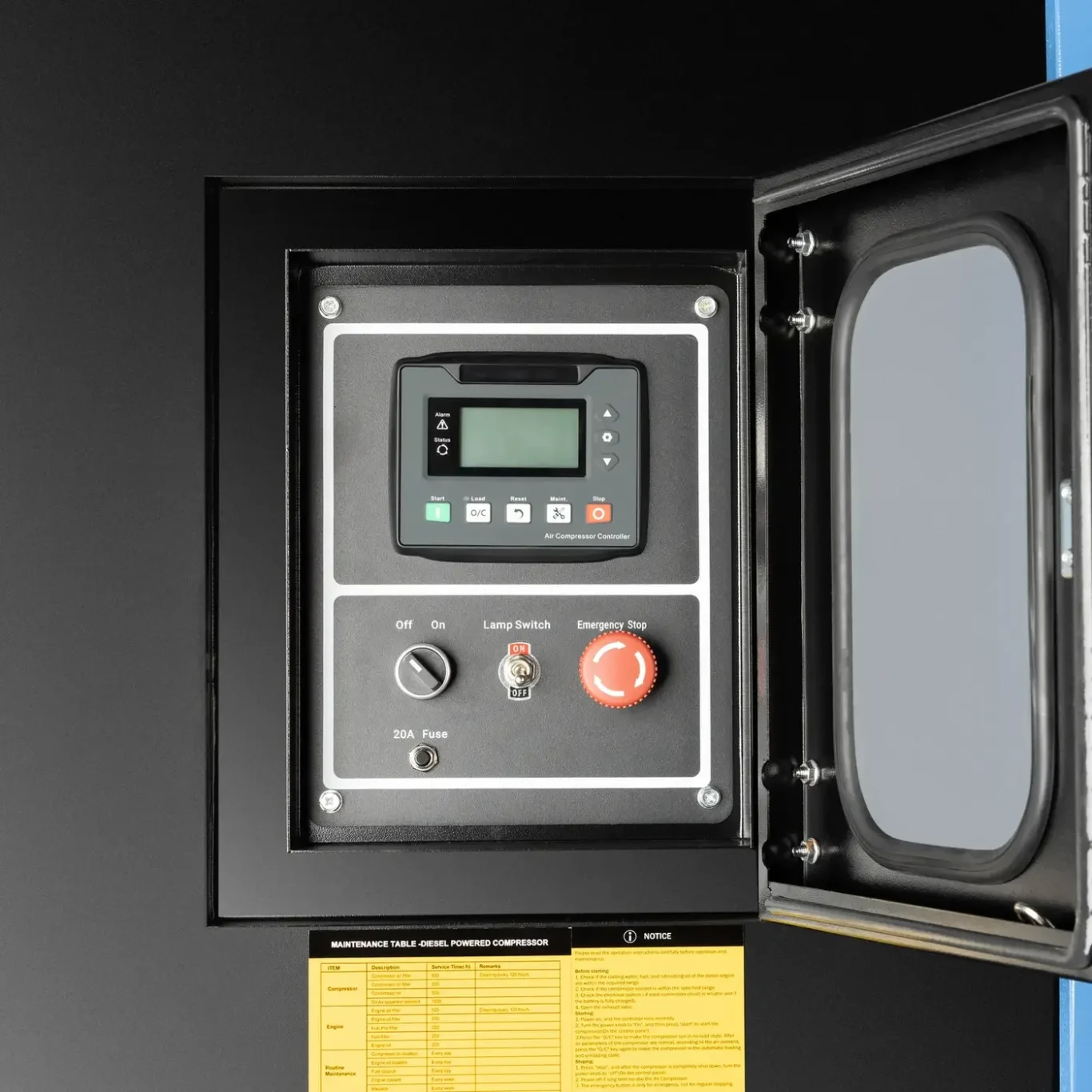 Diesel-powered compressor control panel inside an open metal cabinet with display and buttons
