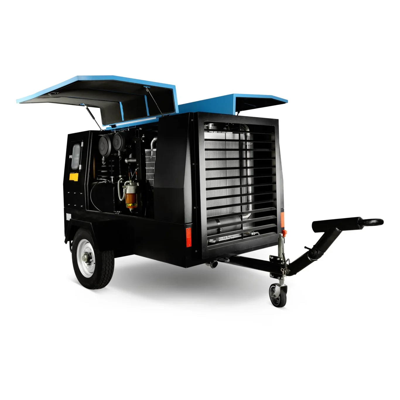 Portable generator on a trailer with a blue hinged hood open, exposing the engine and cooling radiator components in black casing.