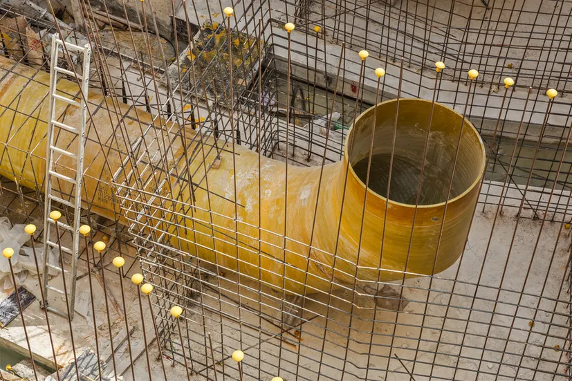 Yellow curved ventilation duct under construction, surrounded by steel rebar mesh and a nearby ladder on a dusty site.