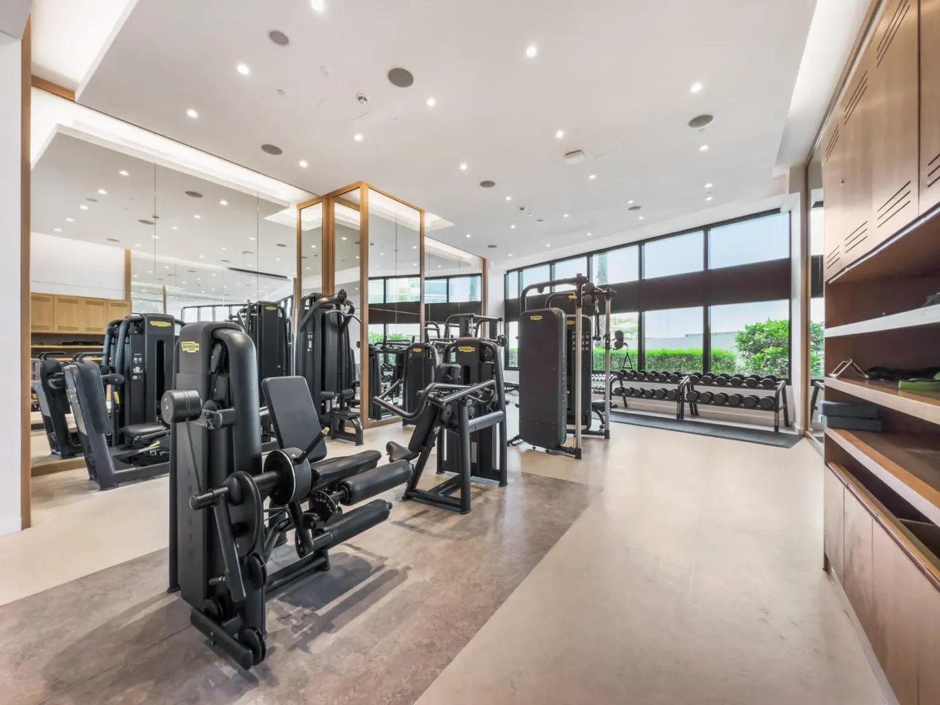 Modern gym with weight machines, free weights, and mirrors in a bright, open space