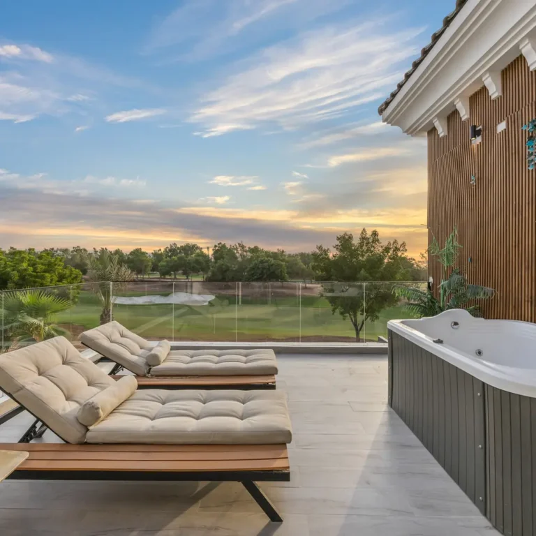 Outdoor patio with two cushioned lounge chairs and a hot tub, overlooking a green lawn at sunset.
