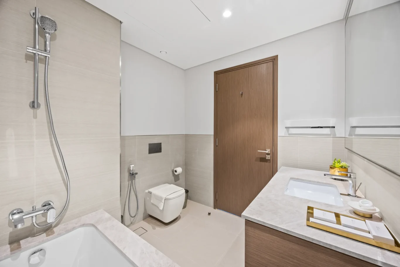 Modern bathroom with wall-mounted shower, toilet, bidet, wooden door, and marble countertop sink area