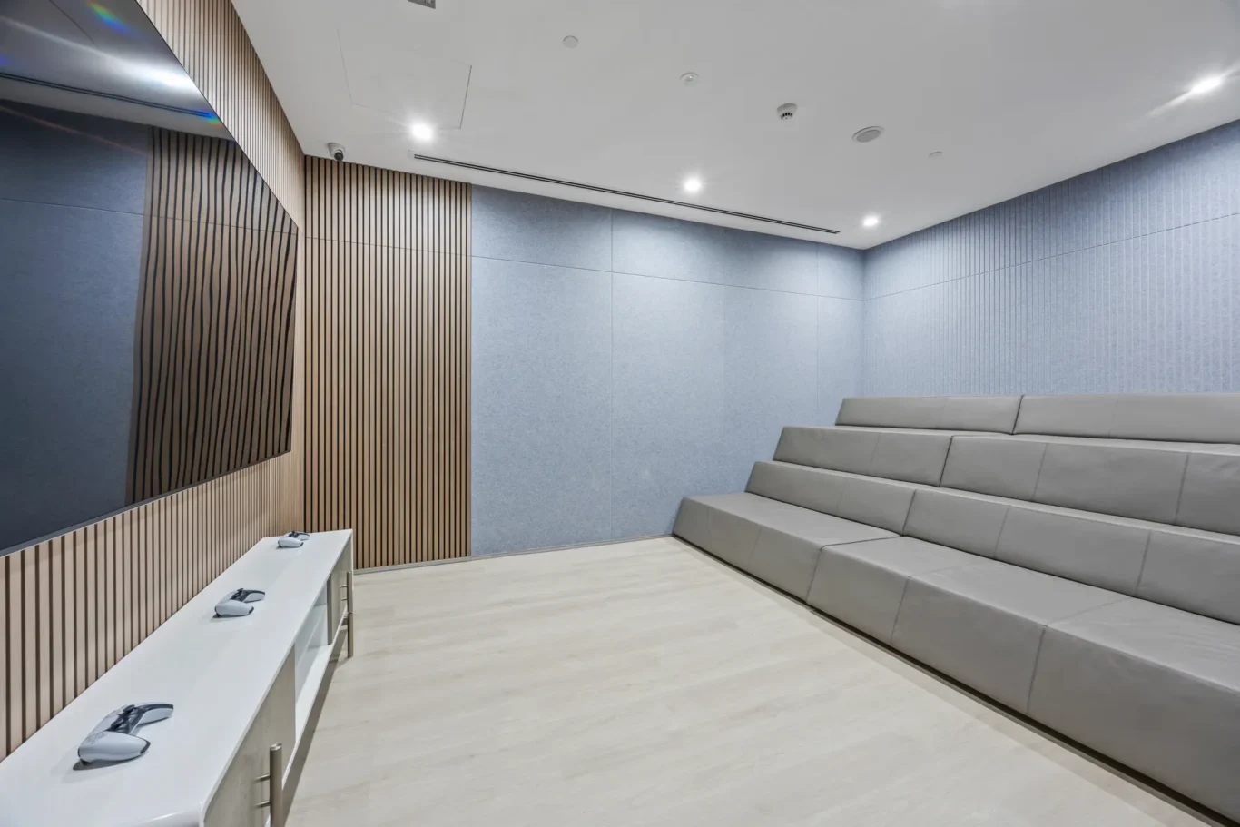 Modern lecture hall with grey tiered seating, blue-gray walls, and vertical wooden slat accents on the left wall.