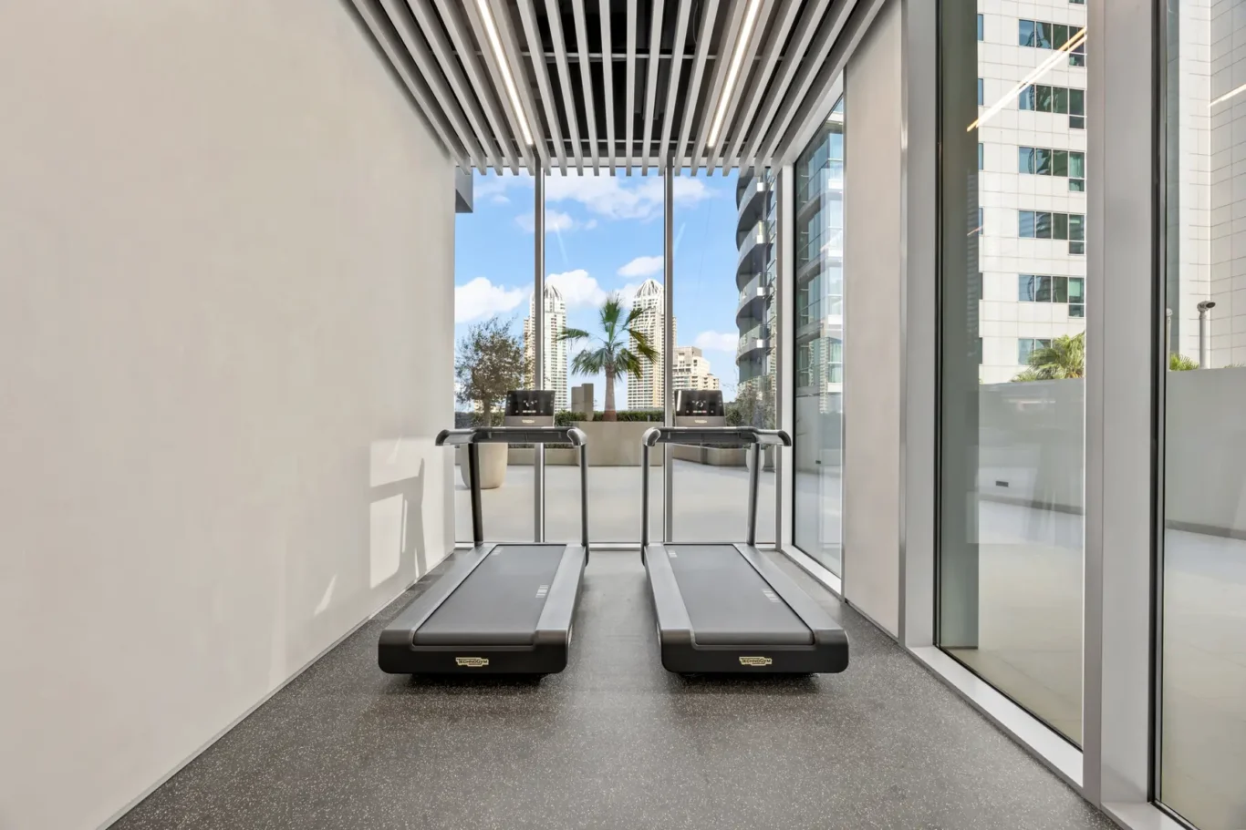 Two treadmills in a modern gym facing floor-to-ceiling windows overlooking an urban skyline with palm trees outside.