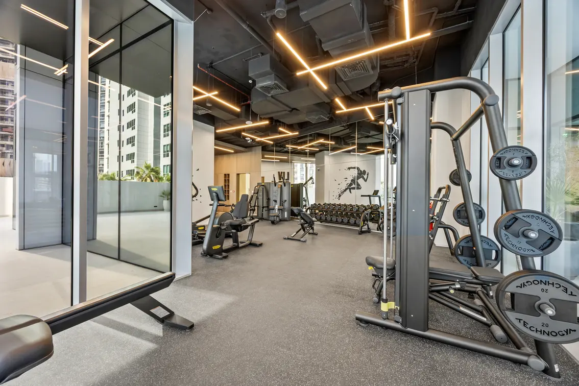 Modern gym with weight rack, machines, benches, and large glass walls letting in natural light.