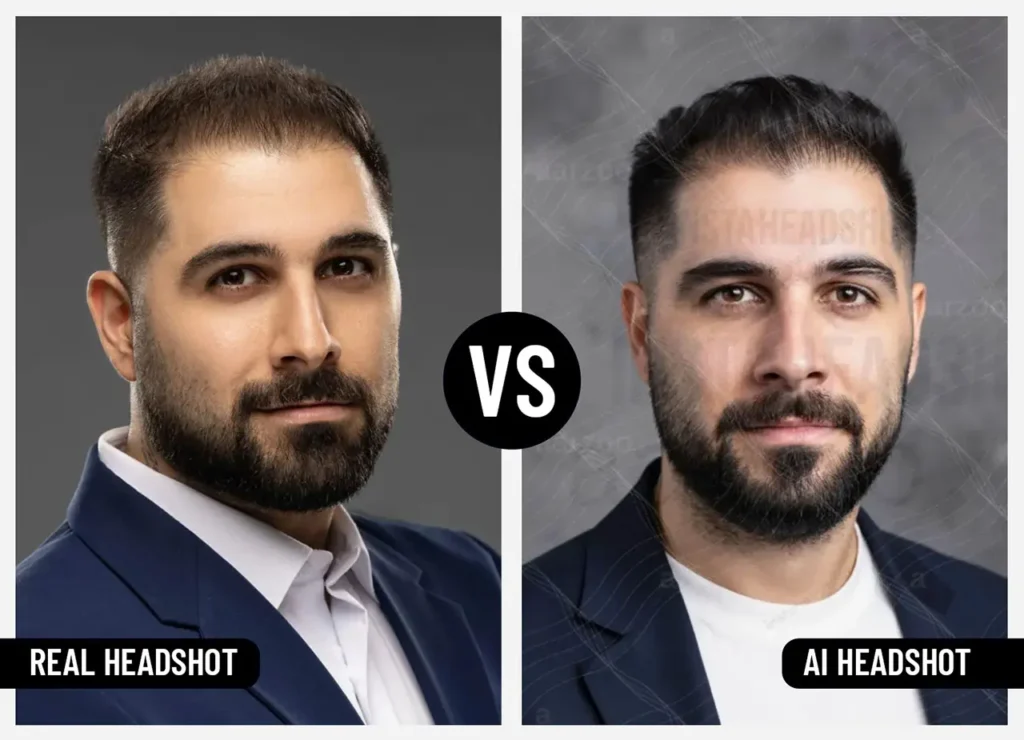 Real professional headshot vs AI generated headshot side by side comparison in Dubai