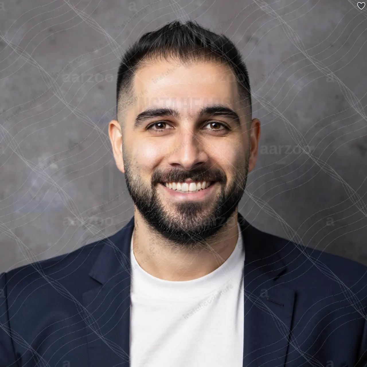 Failed AI generated headshot with unnatural expression and distorted facial proportions