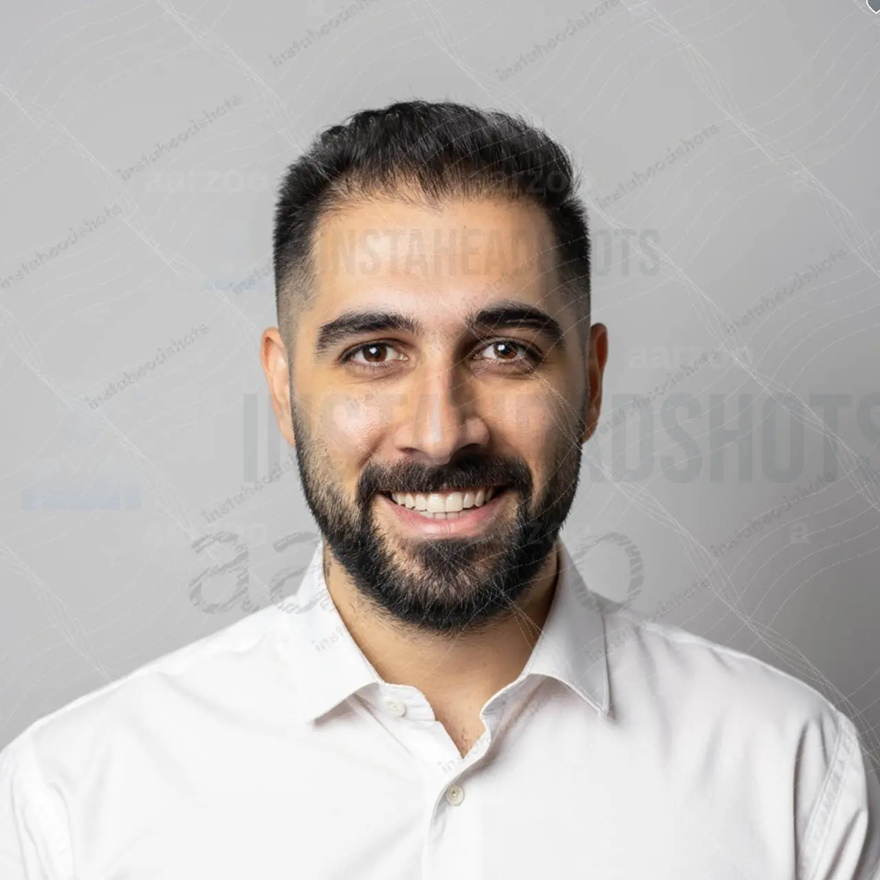 Failed AI generated headshot with incorrect face proportions and artificial skin smoothing