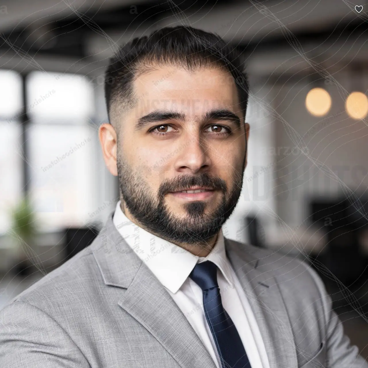 AI generated headshot in grey suit with fake office background and altered facial features