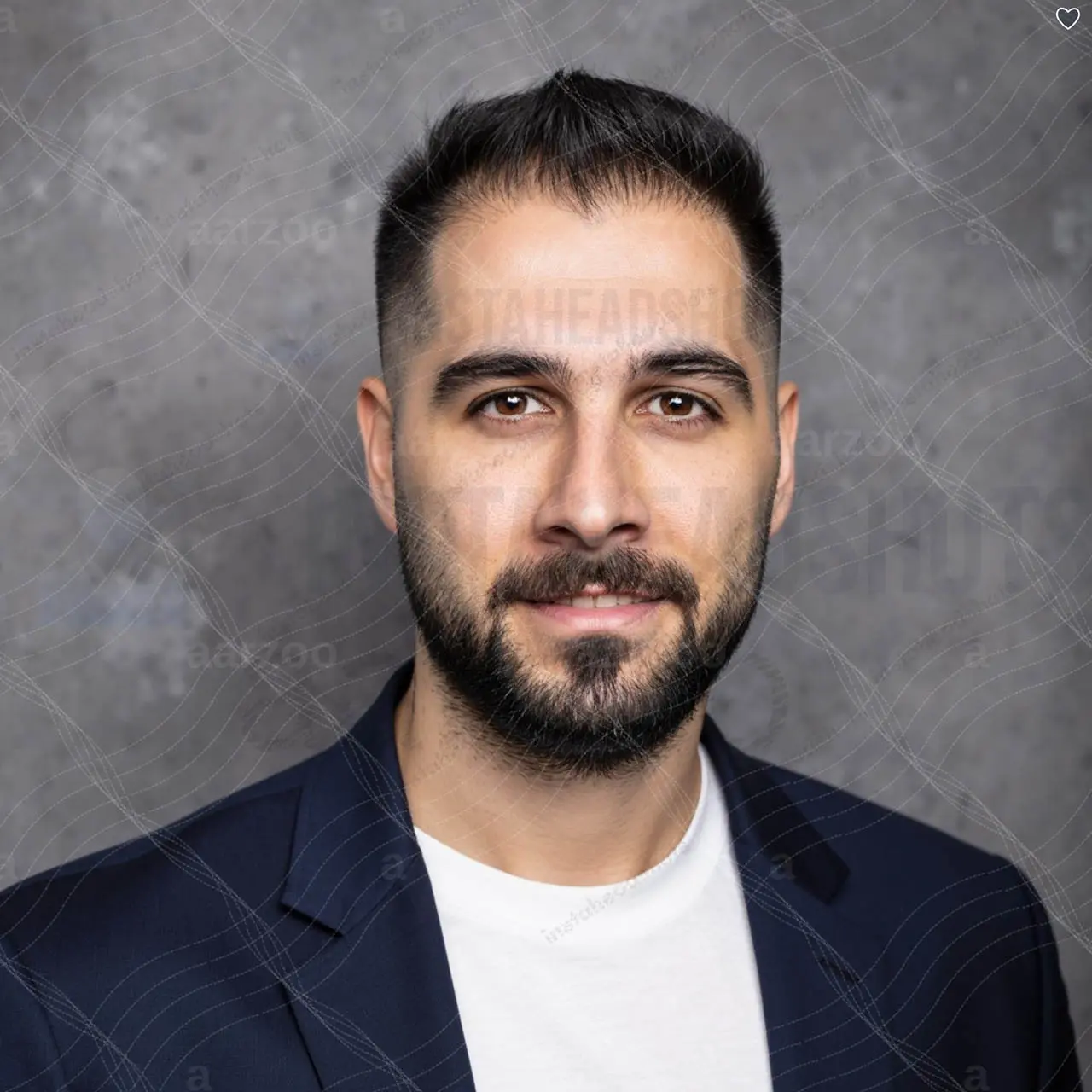 Best AI generated headshot result in navy blazer still showing flat skin texture and artificial lighting