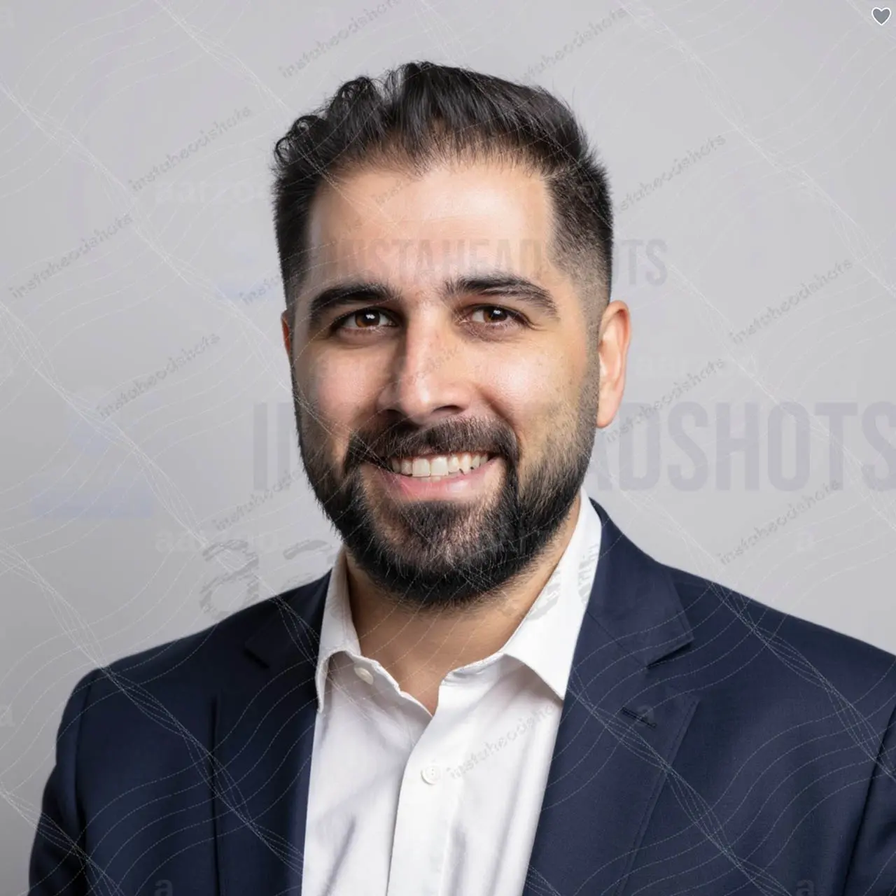 AI generated headshot in white shirt with over-smoothed skin and flat studio lighting