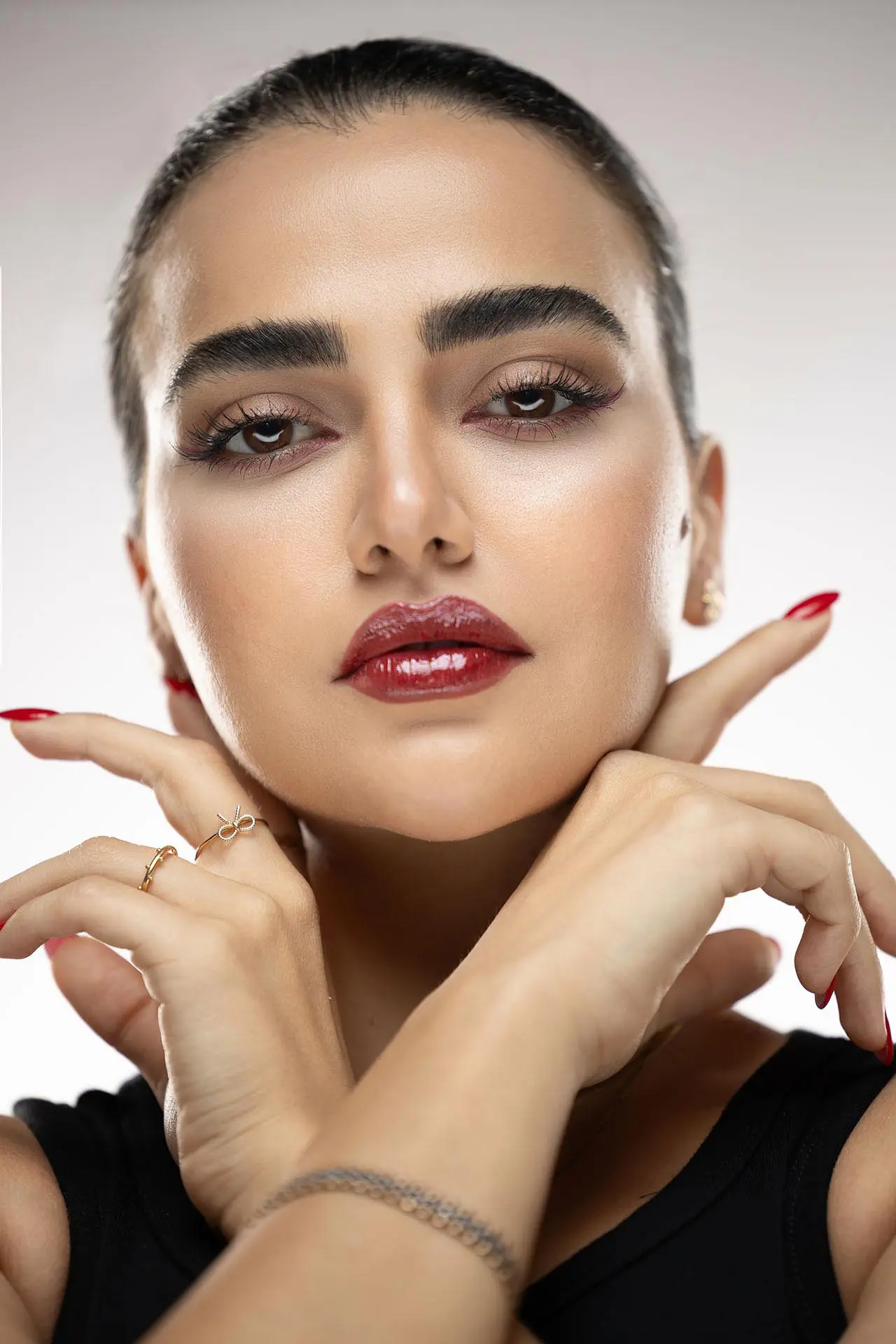 Professional beauty portrait photography close-up with bold makeup at a photo studio in Dubai