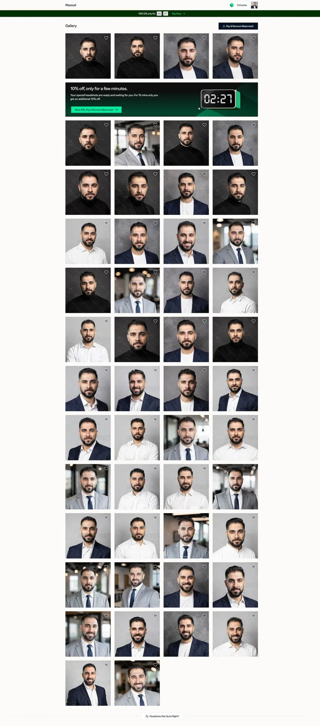 Full gallery of 50 plus AI generated headshots from InstaHeadshots showing countdown timer and pricing pressure