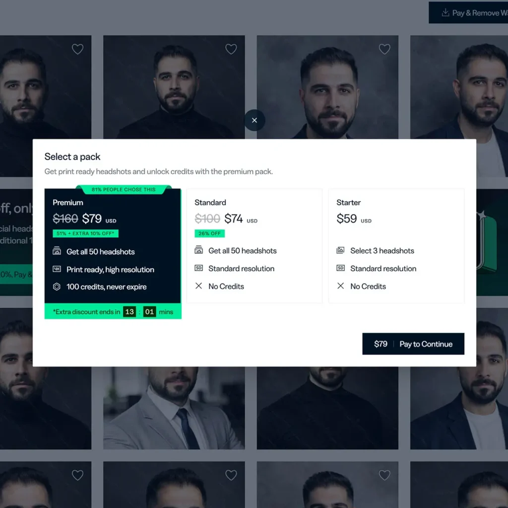 InstaHeadshots pricing popup showing AI headshot packages from 59 to 79 USD with countdown timer