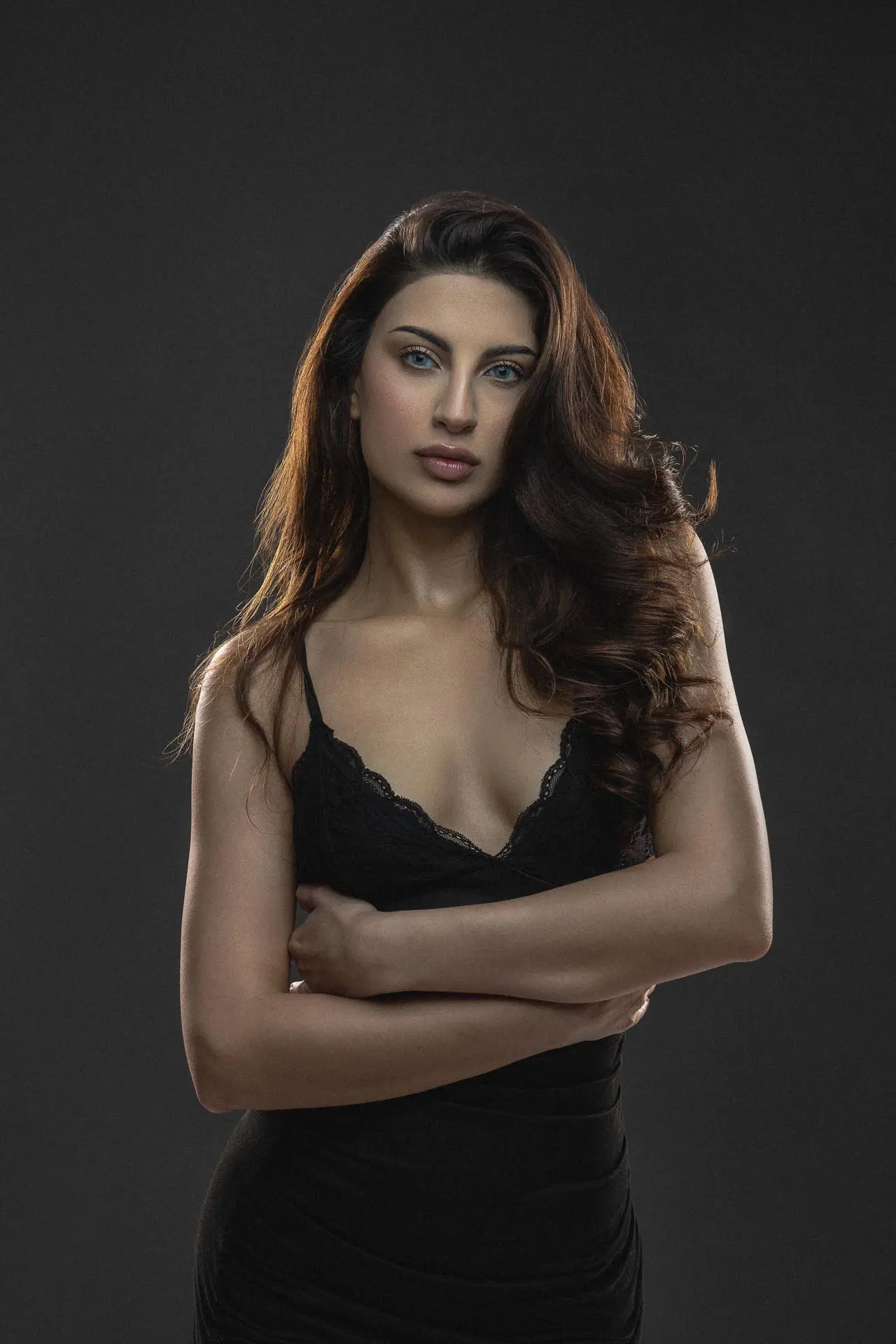 Professional headshot portrait of a blonde woman taken at a photo studio in Dubai