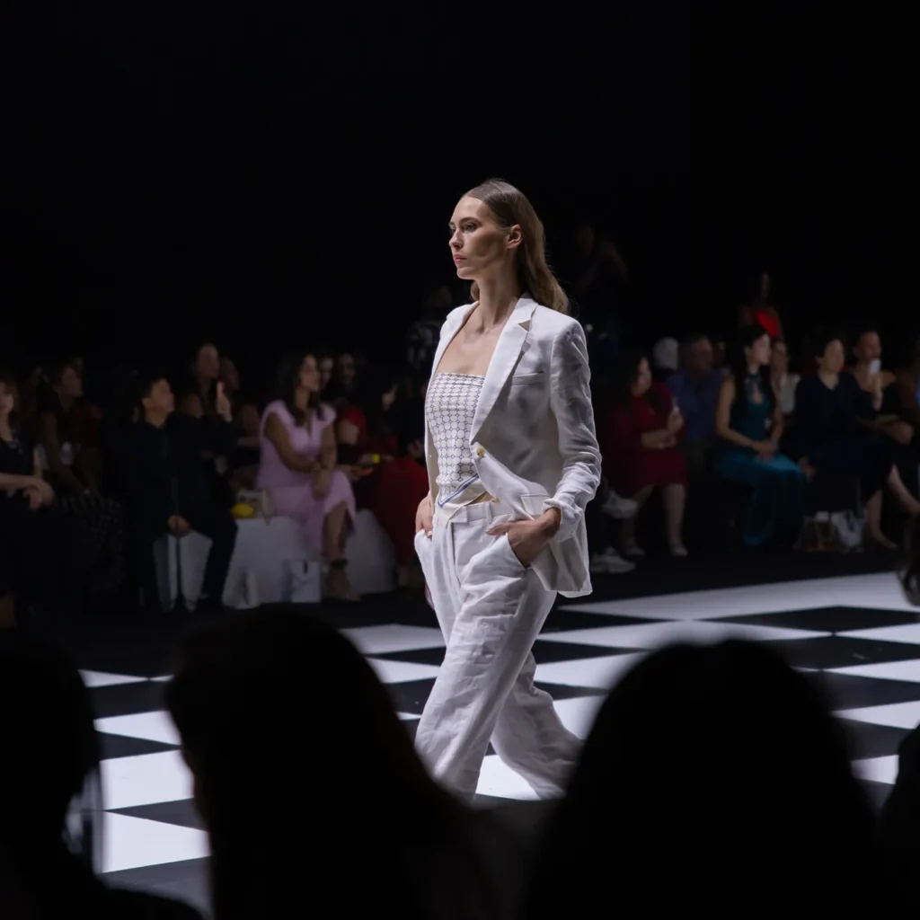 Model in a white blazer and pants walking a black-and-white checkered runway at a fashion show with an audience watching.",