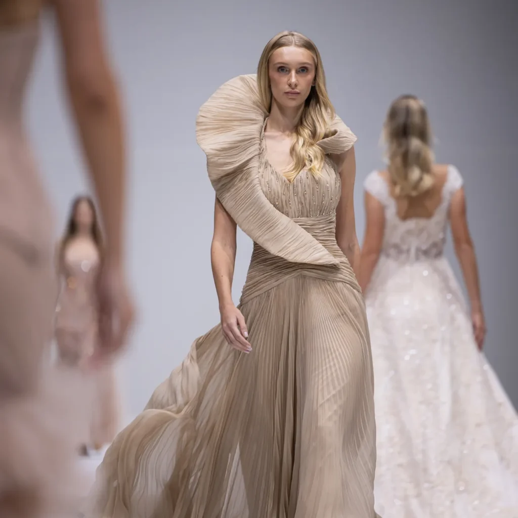 Model walking a beige pleated gown down the runway with other blurred models behind her.