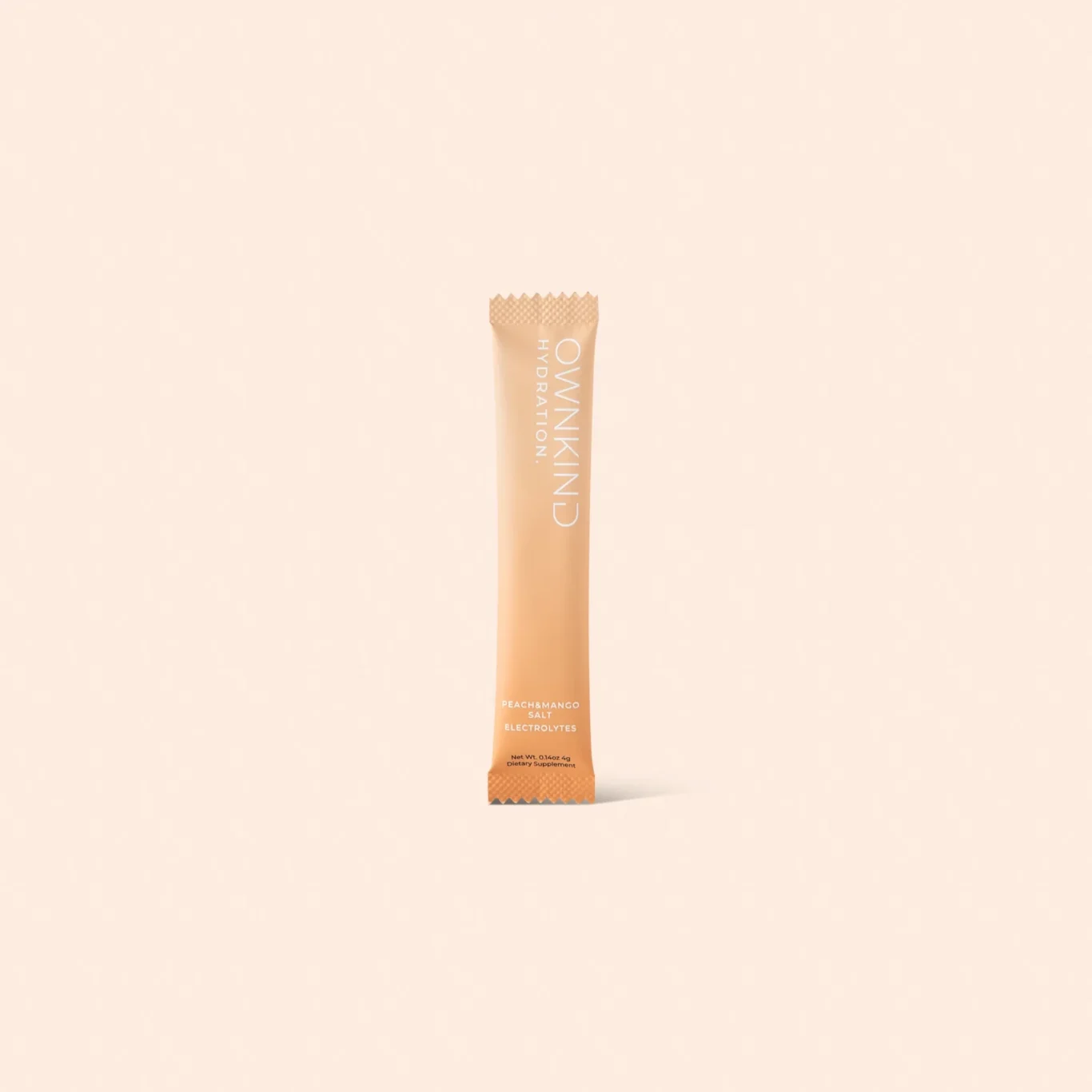 Peach-colored hydration sachet standing upright on a pale peach background, with text reading 'Peach & Mango Salt Electrolytes'.
