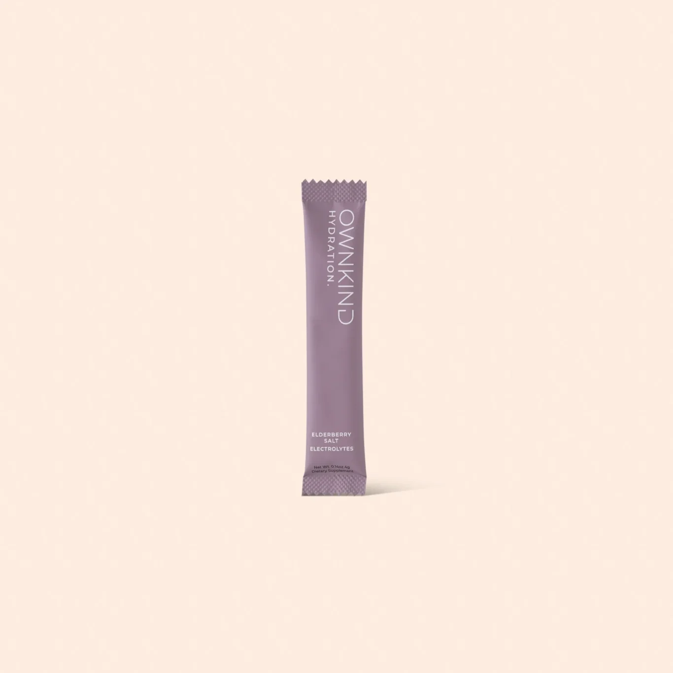 Purple sachet standing upright against a pale peach background, with a zigzag sealed top and vertical white lettering along the tube (hydration product).