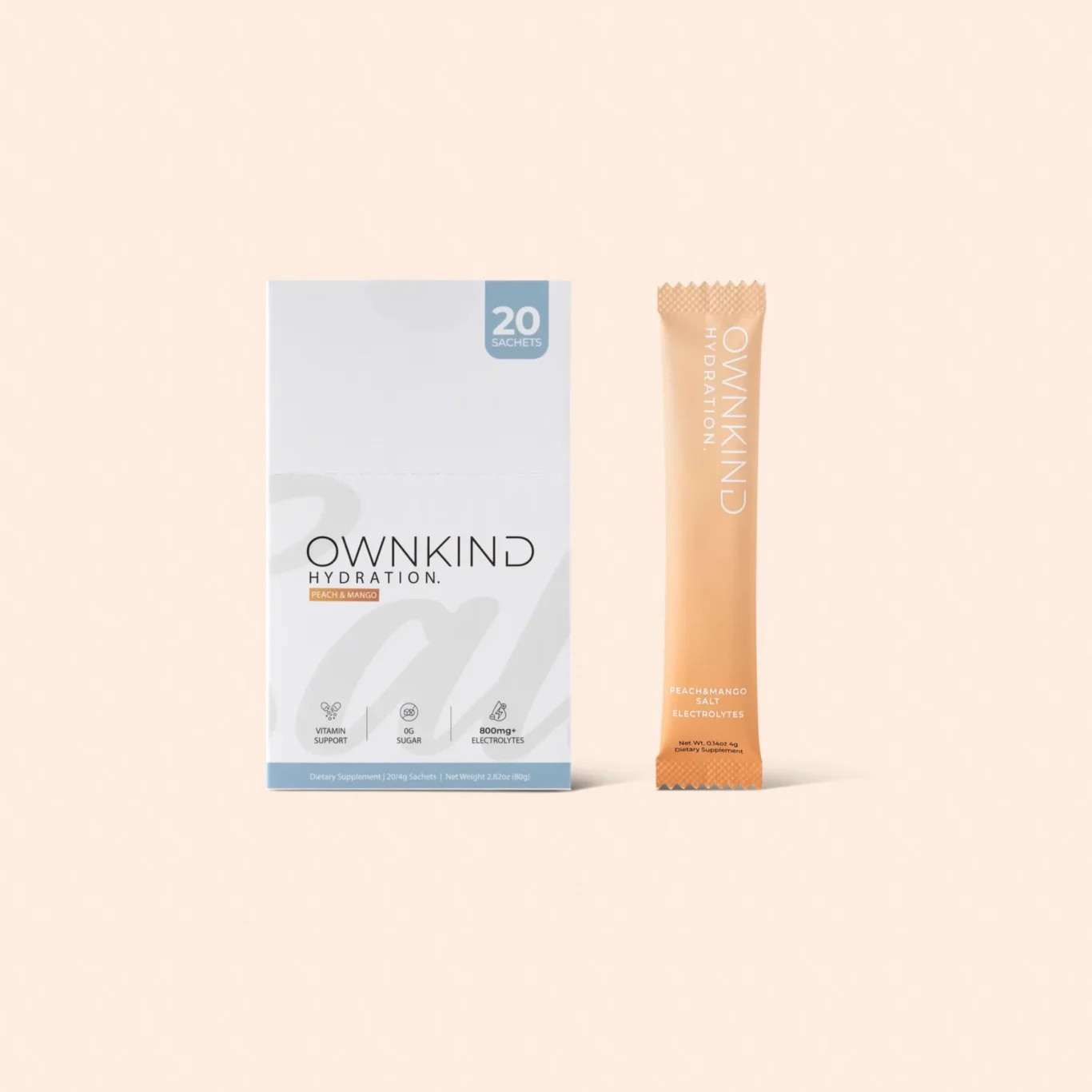 Box of Ownkind Hydration with '20 Sachets' label beside a peach-colored sachet tube reading 'OWNKIND HYDRATION' and 'Peach & Mango Salt Electrolytes' on a light peach background.