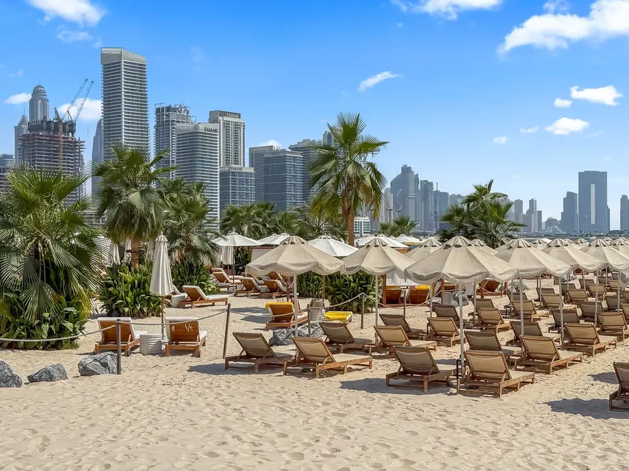 Beach scene with rows of lounge chairs and umbrellas on sand, palm trees, and a city skyline in the distance.