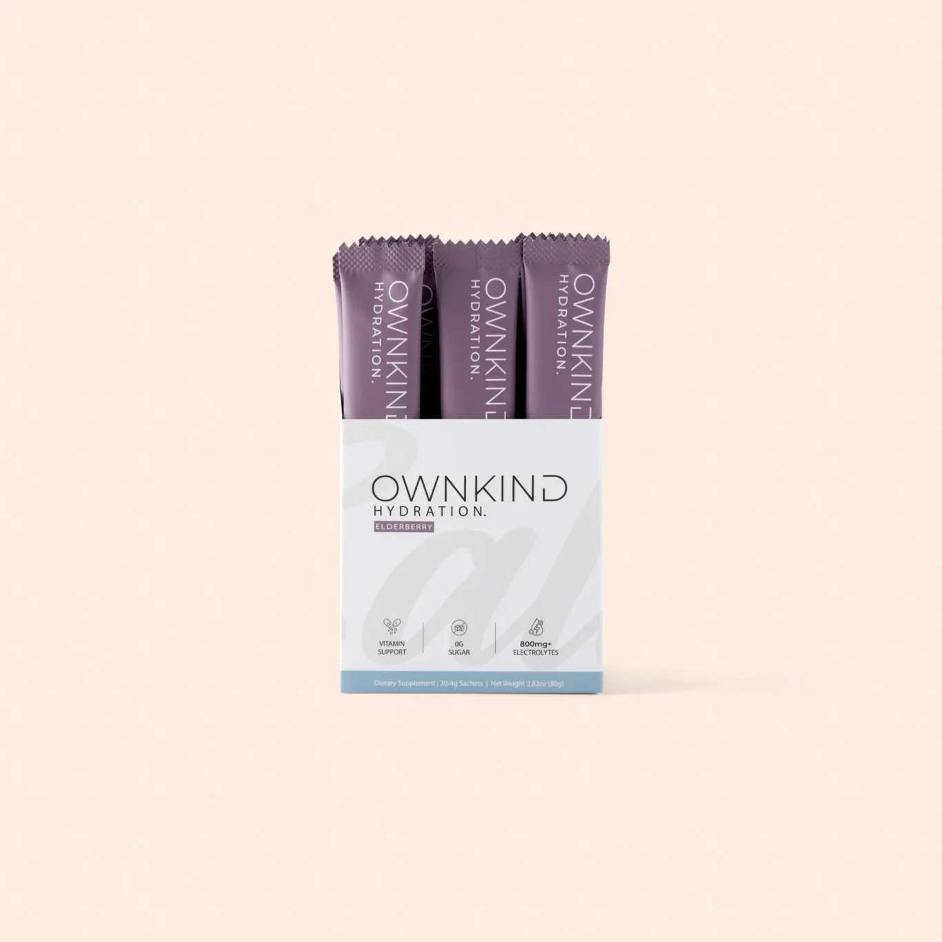 Packaging for OWNKIND Hydration dietary supplement with purple sachets labeled Elderberry against a pale peach background.