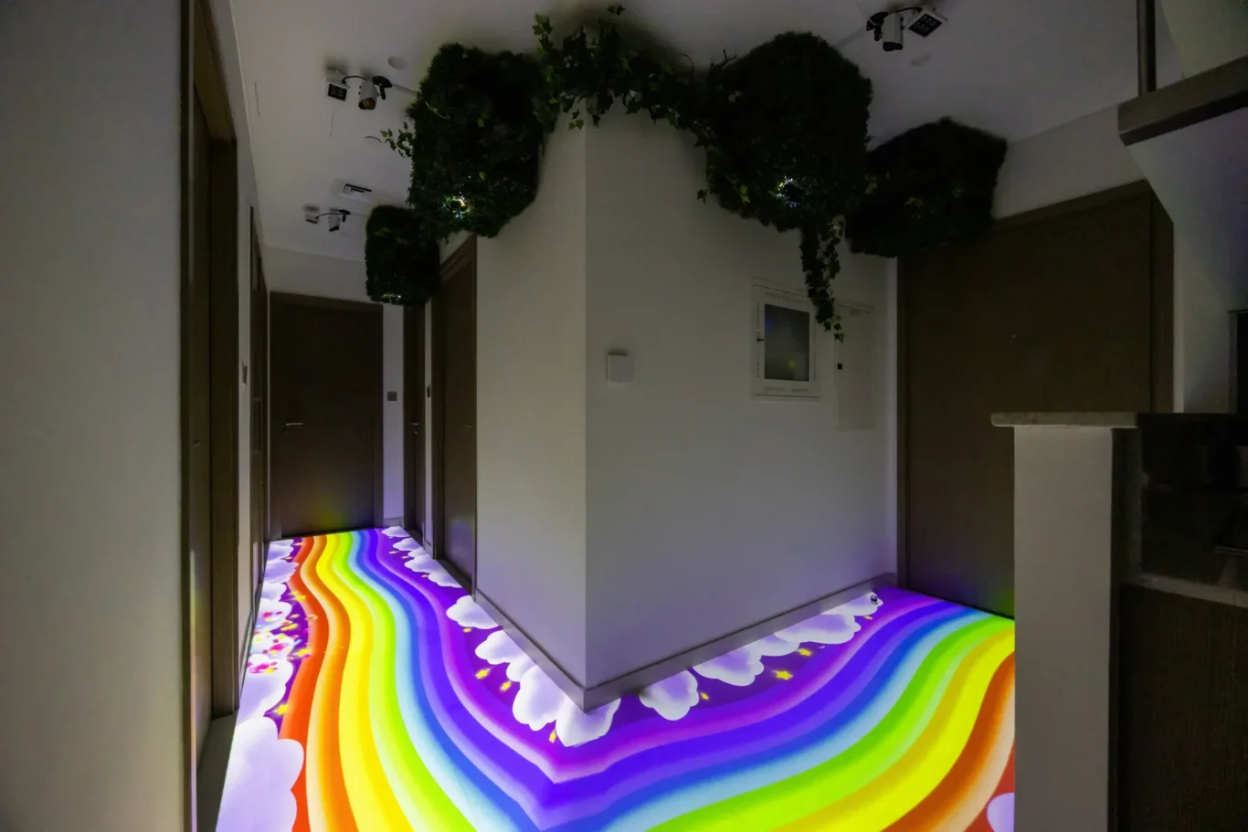 Interior hallway with white walls, wooden doors, and vibrant rainbow-wave floor art along the corridor; green plants drape from the ceiling area.
