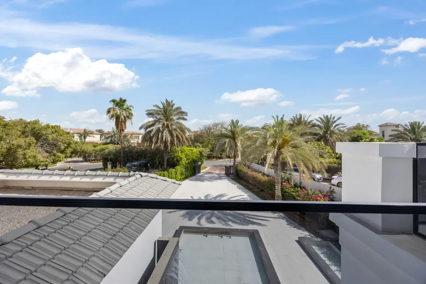 A modern residential street lined with palm trees, blue sky, and low white houses viewed from a balcony patio.