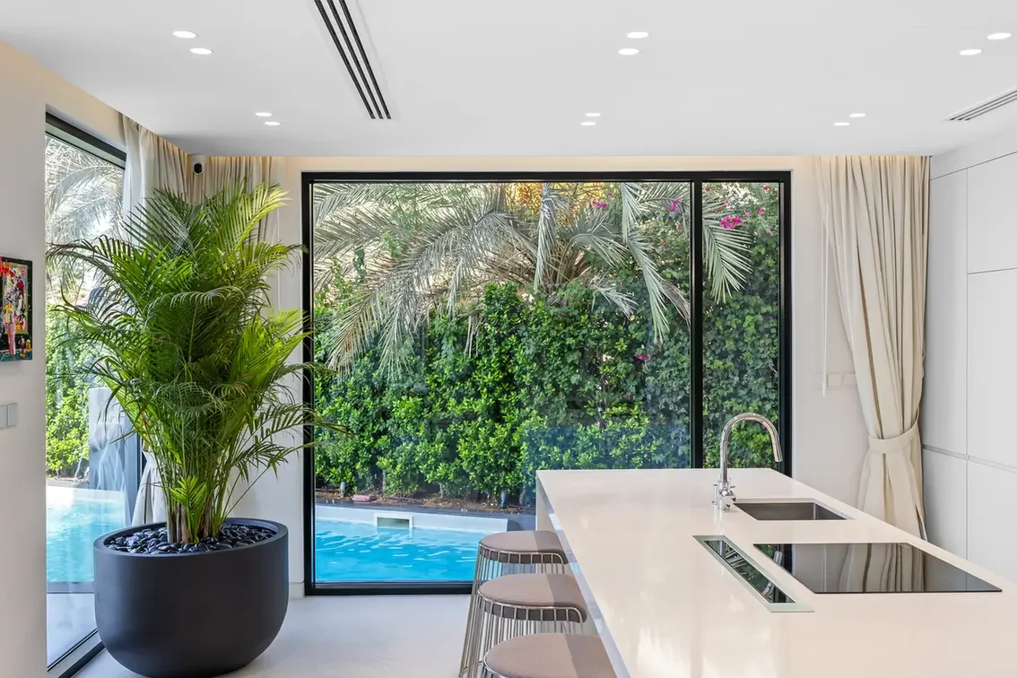 Bright contemporary kitchen with a white island, sink, and induction cooktop; large glass wall opens to a pool and tropical greenery outside, with a tall potted plant inside.
