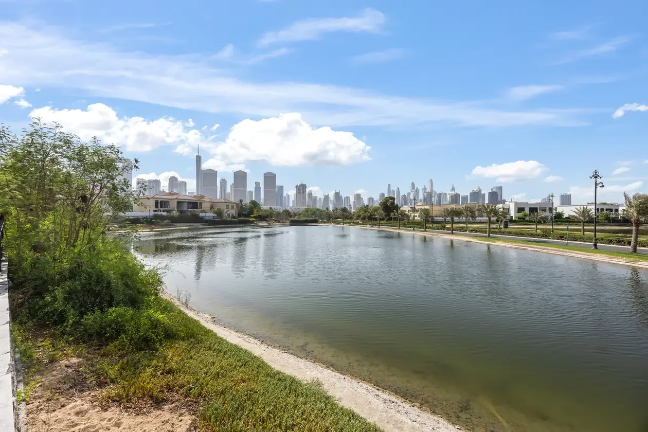 Wide view of a lake reflecting a distant city skyline under a blue sky, with a grassy bank and palm-lined path in the foreground