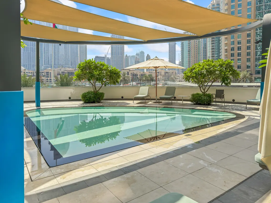 Rooftop pool area with lounge chairs, umbrellas, and potted trees against a city skyline.