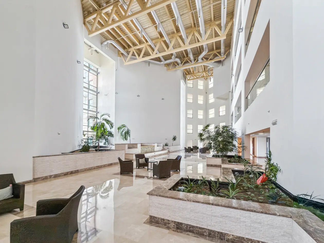 Spacious modern hotel lobby with tall white walls, exposed wooden ceiling beams, and large indoor plants in raised marble planters.
