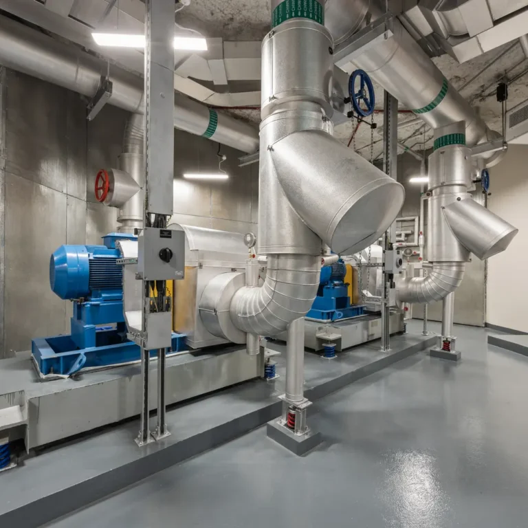 Industrial mechanical room with large galvanized ducts, blue motors, and extensive metal piping forming a high-capacity ventilation system.