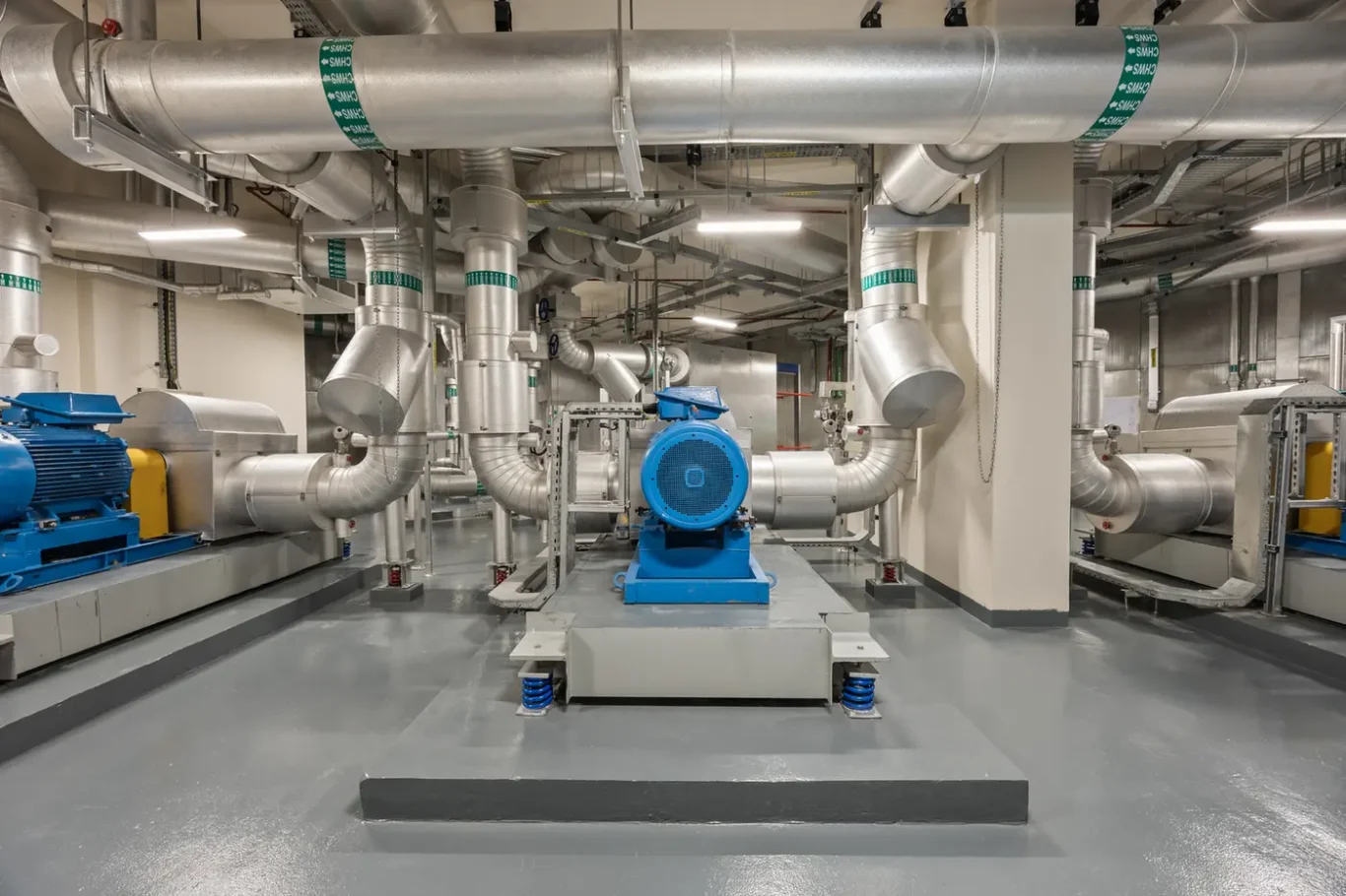 Central blue industrial pump on a raised platform surrounded by large shiny silver ductwork in a mechanical room.