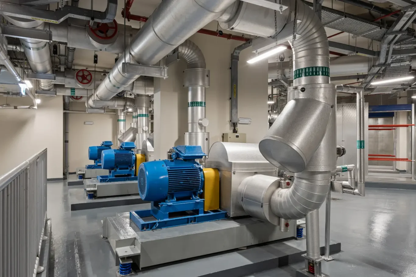 Industrial mechanical room with large silver ducts and blue motors on gray platforms connected by metal piping