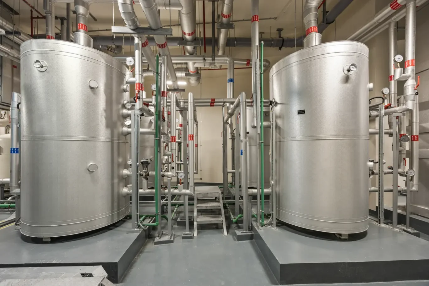 Two large cylindrical stainless steel tanks in an industrial utility room, surrounded by pipes, valves, and gauges.