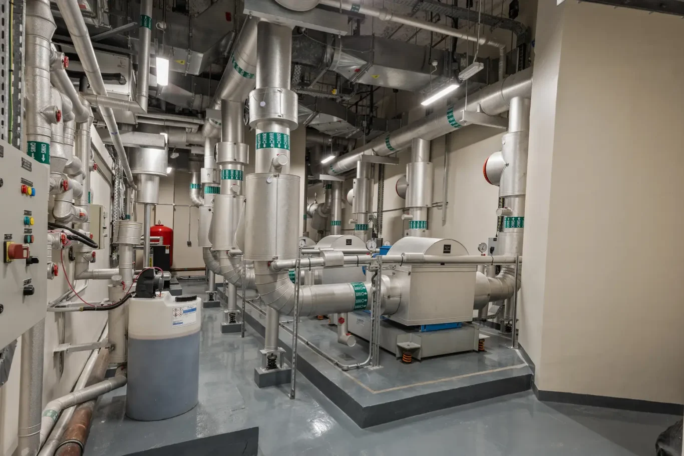 Industrial mechanical room with interconnected silver pipes, ducts, and control panels.