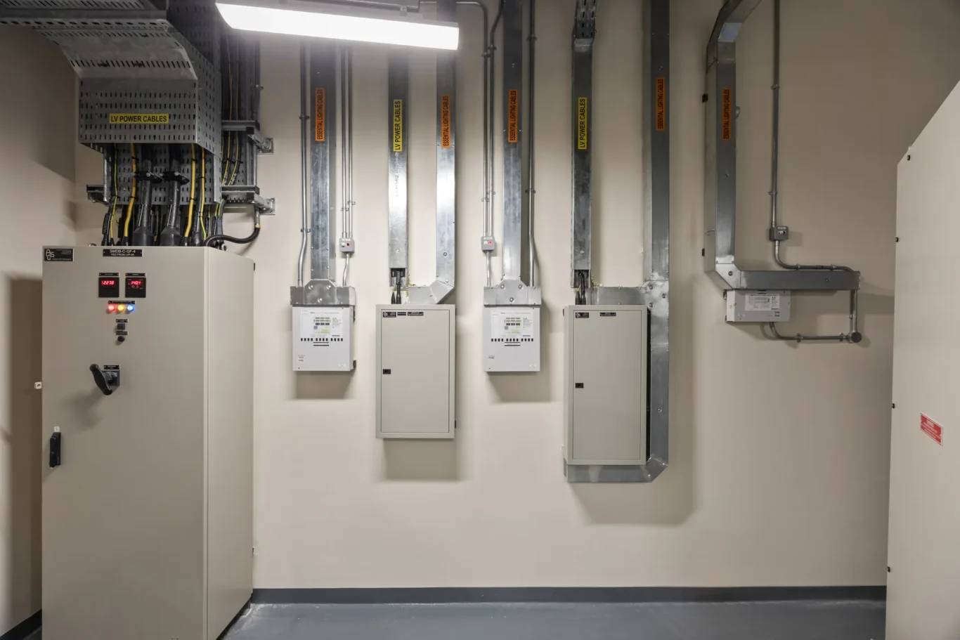 Industrial electrical room with LV power cables, metal conduits, and wall-mounted control panels feeding equipment.