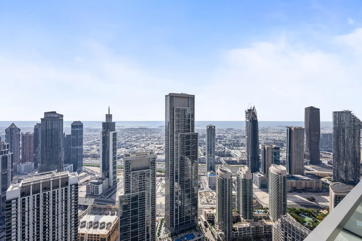 Skyline of modern glass skyscrapers seen from above on a clear day in a city center