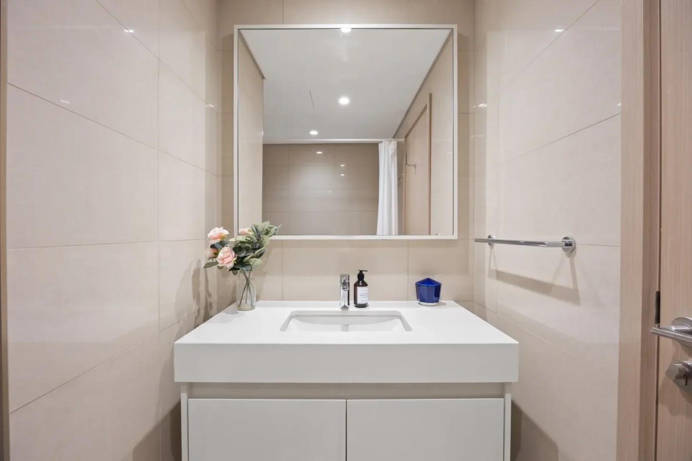 Modern bathroom vanity with white sink, large framed mirror, and pink rose bouquet on a beige tiled wall. The counter also has soap and a blue glass.