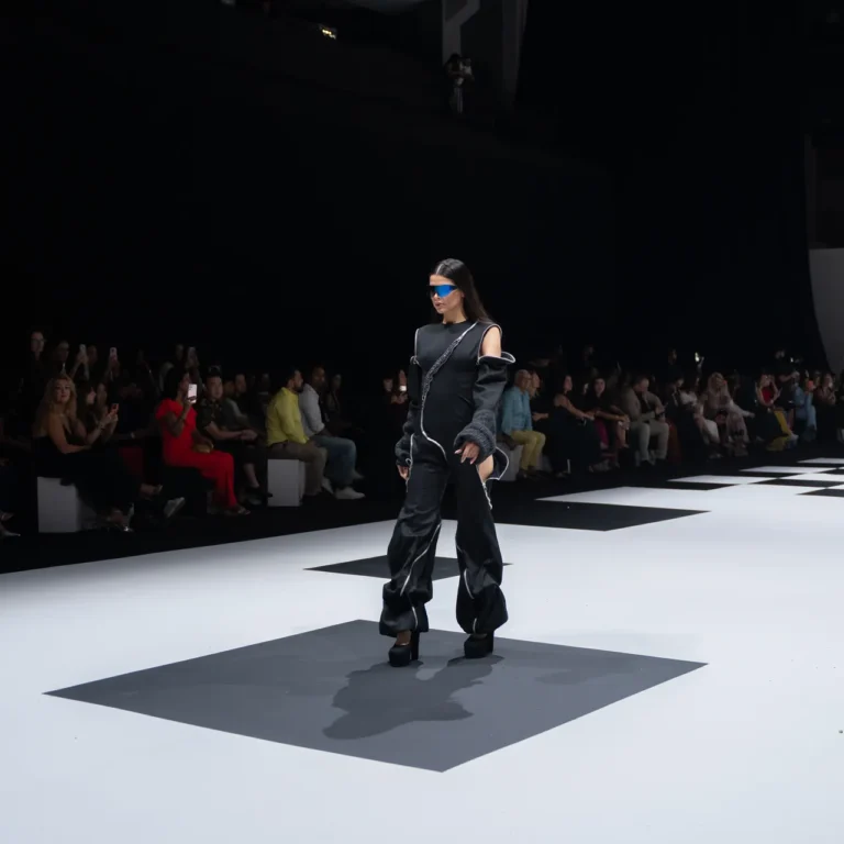 Model walks a fashion runway in a black avant-garde outfit with blue visor sunglasses, as the audience watches from the left.