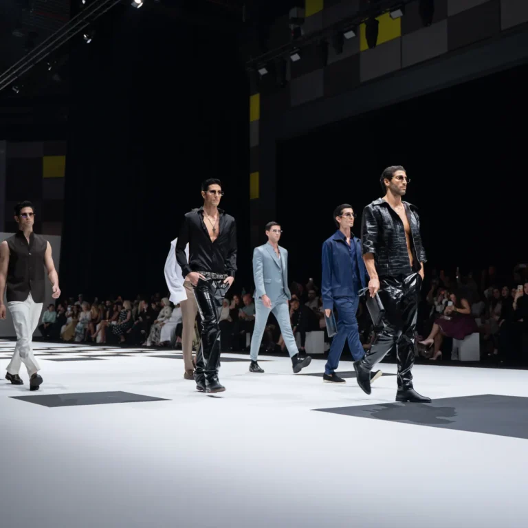 Male models walk a white runway in black and blue outfits at a fashion show, audience watching.