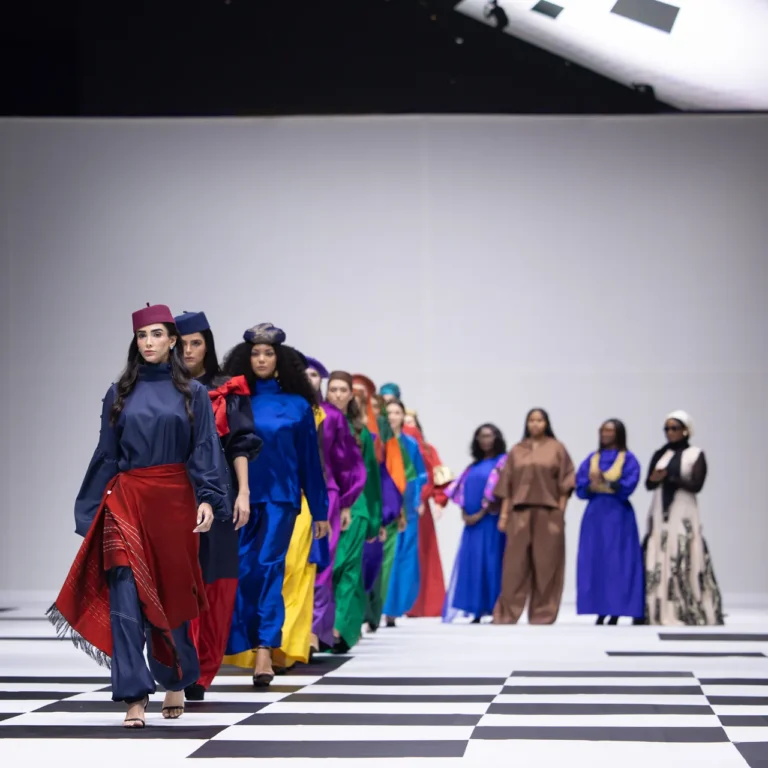 Models walk a rainbow-colored fashion show on a black-and-white checkered runway.