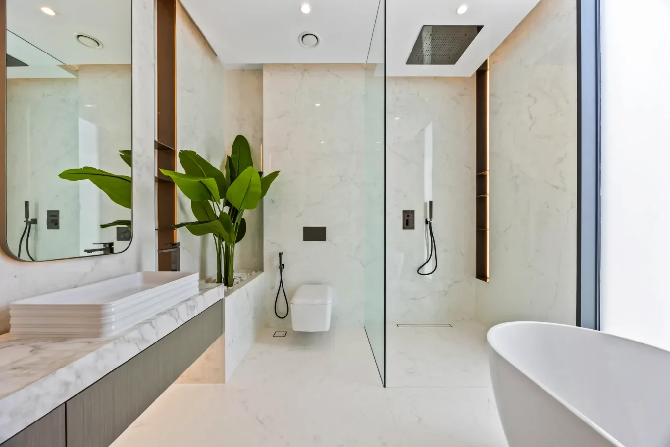 Modern marble bathroom with glass shower enclosure, plant, and sink area on the left.
