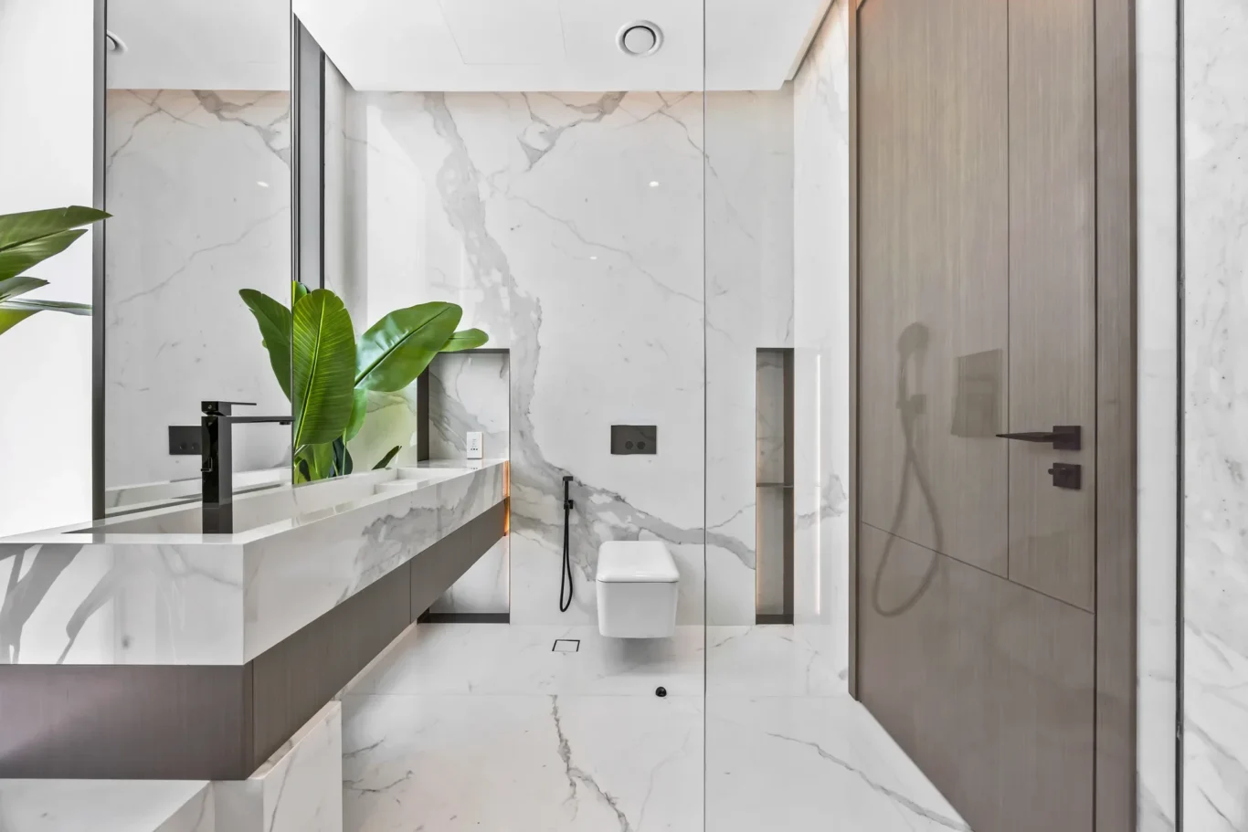 Contemporary marble bathroom with a white vanity, black faucet, green plant, and glass shower wall.