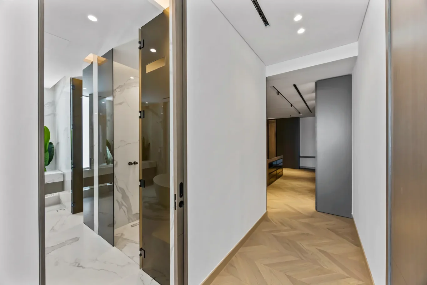 Hallway leading to a modern bathroom with glass doors, marble walls, and a green plant in view.